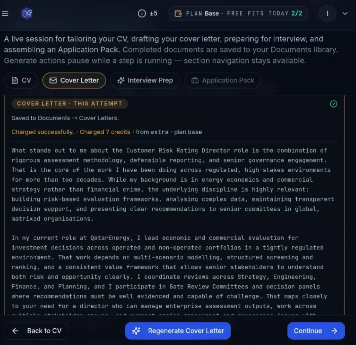 NDORFlow Cover Letter step — tailored cover letter generated from the same evidence chain, with charge confirmation and Regenerate Cover Letter / Continue actions.