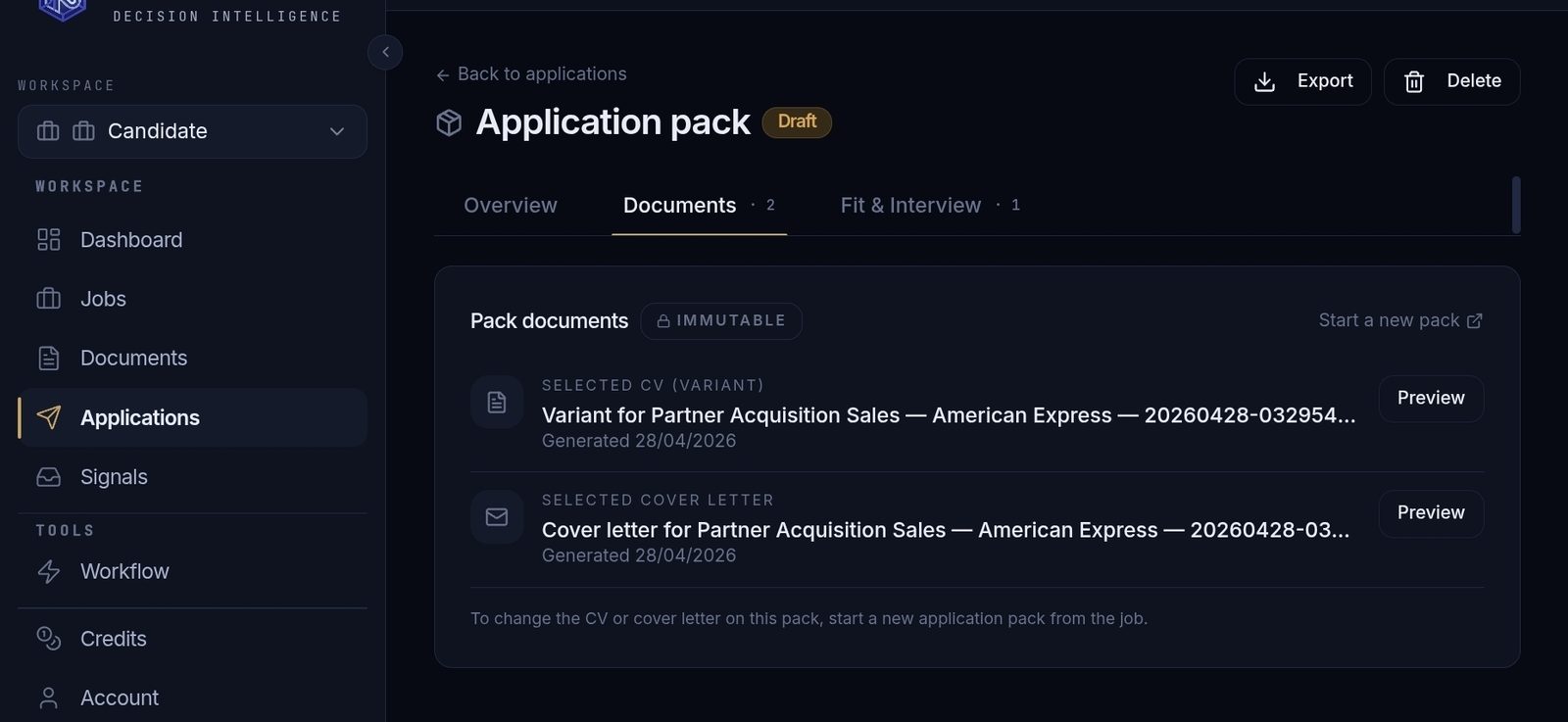 NDORFlow application pack — Documents tab showing the selected CV variant and selected cover letter, marked Immutable.