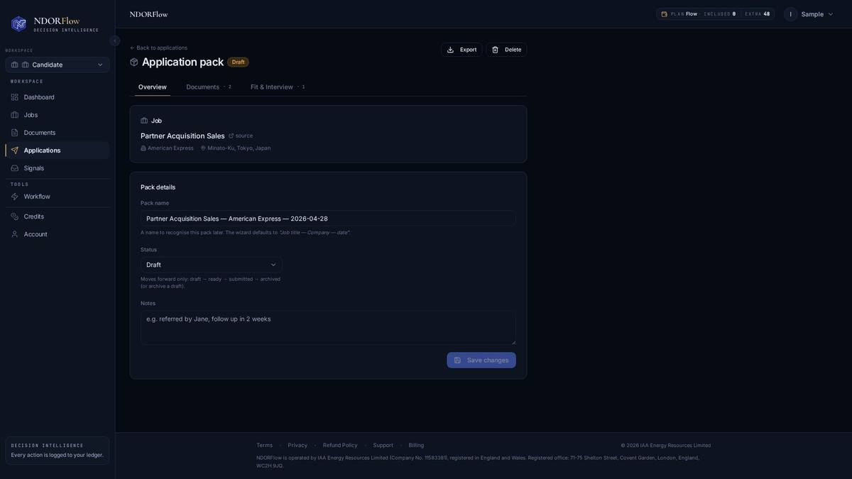 NDORFlow application-pack overview — tailored CV, cover letter, supporting docs, and pack status in one view.