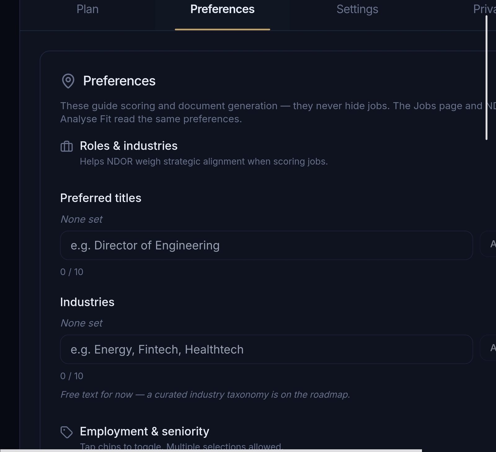 NDORFlow Preferences tab — Roles & industries, Preferred titles, and Industries inputs that guide scoring without hiding jobs.